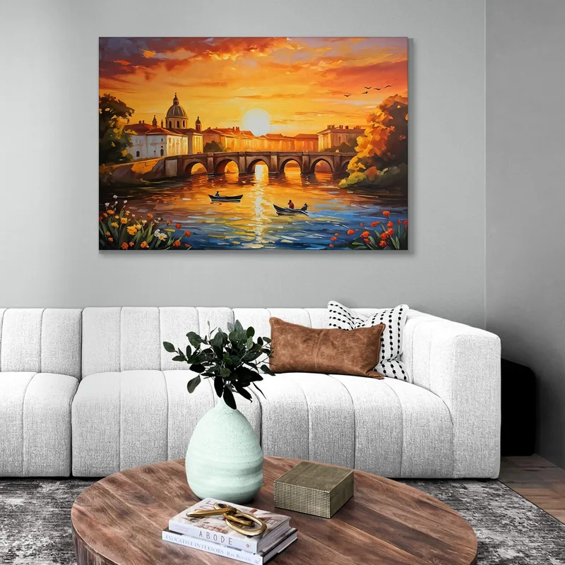 Quadro Moderno Città Astratto Incantevole Tramonto Cittadino Su Fiume Con Barca E Ponte Antico