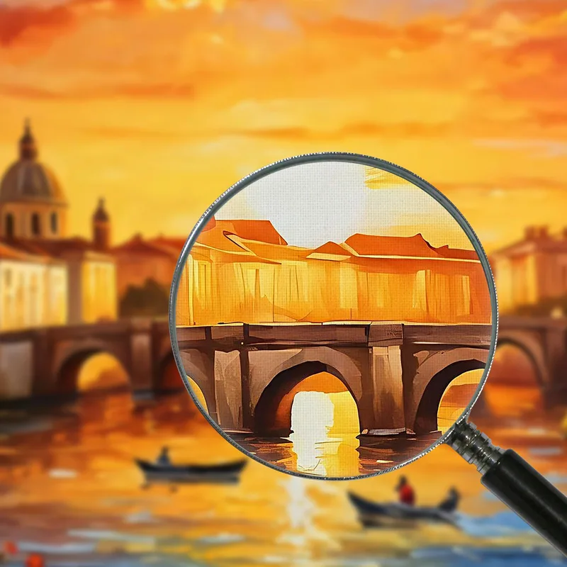 Quadro Moderno Città Astratto Incantevole Tramonto Cittadino Su Fiume Con Barca E Ponte Antico