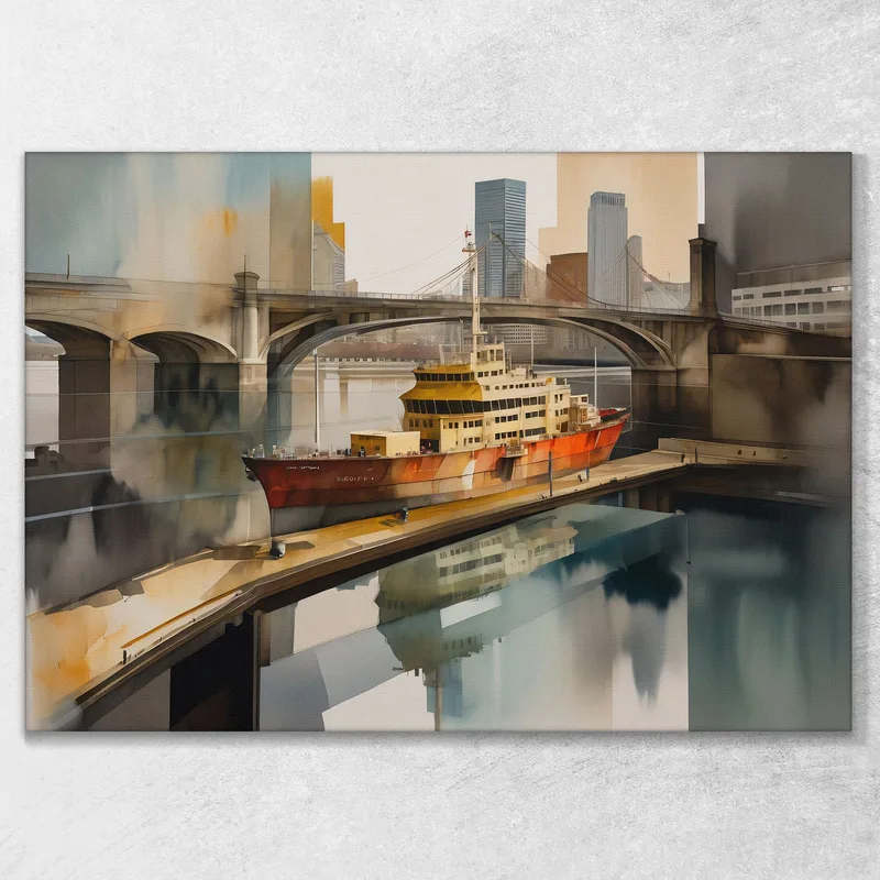 Abstrakte Malerei Der Modernen Stadt Schiff Verankert Unter Den Brücken Einer Modernen Stadt
