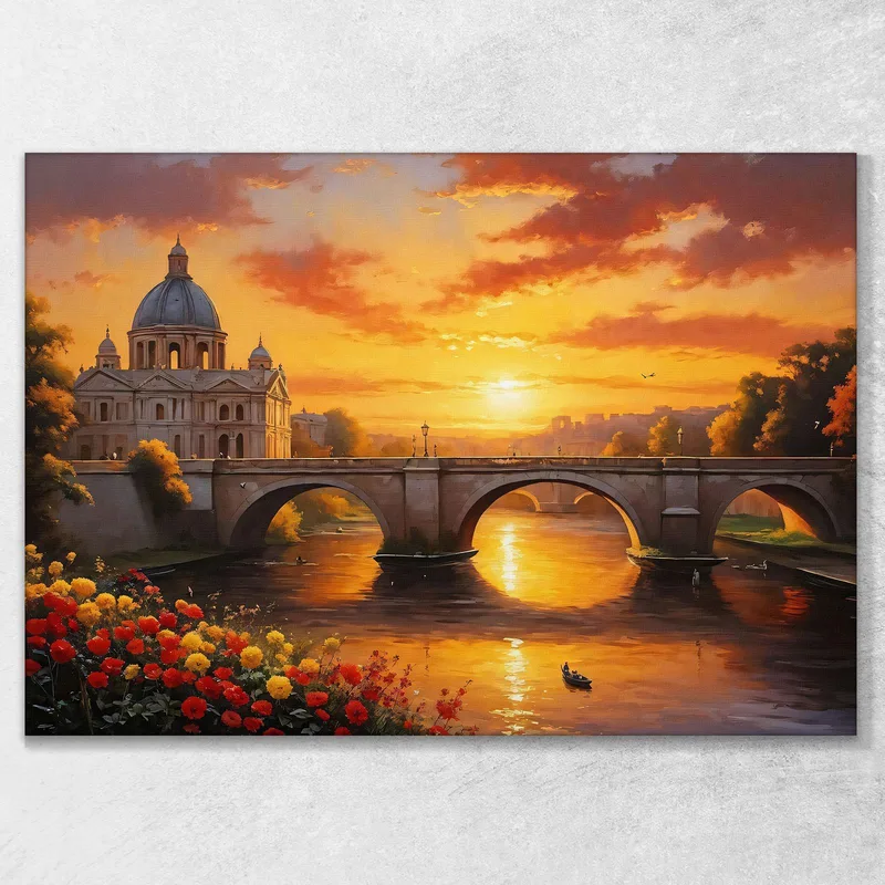 Quadro Moderno Città Astratto Paesaggio Al Tramonto Con Fiume E Maestosa Architettura Romana