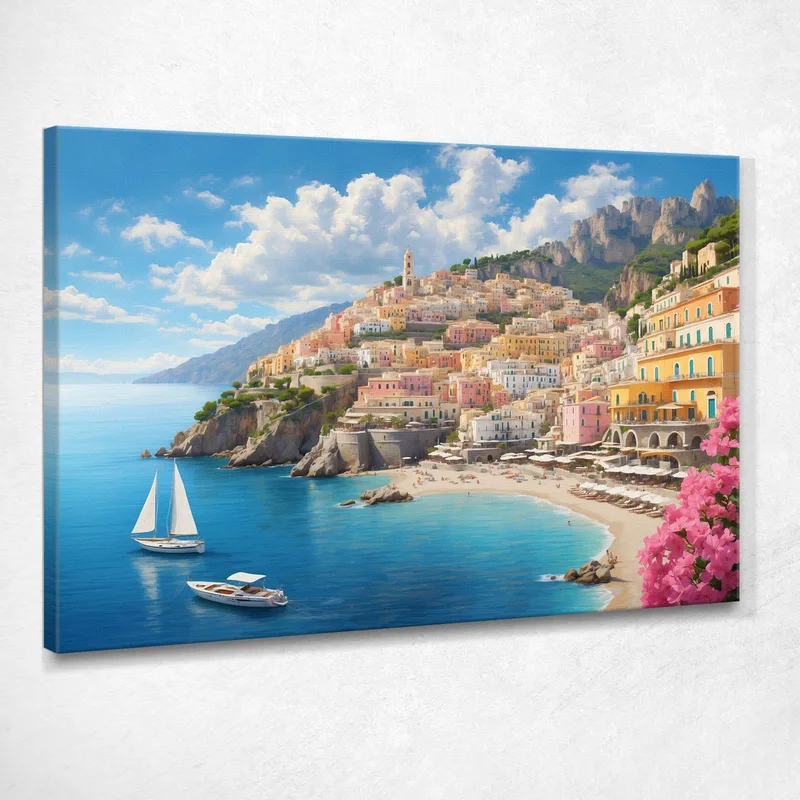 Pintura Moderna Ciudad Abstracta Descripción General De La Costa De Amalfi Con Casas Coloridas Y El Mar cuadro en lienzo