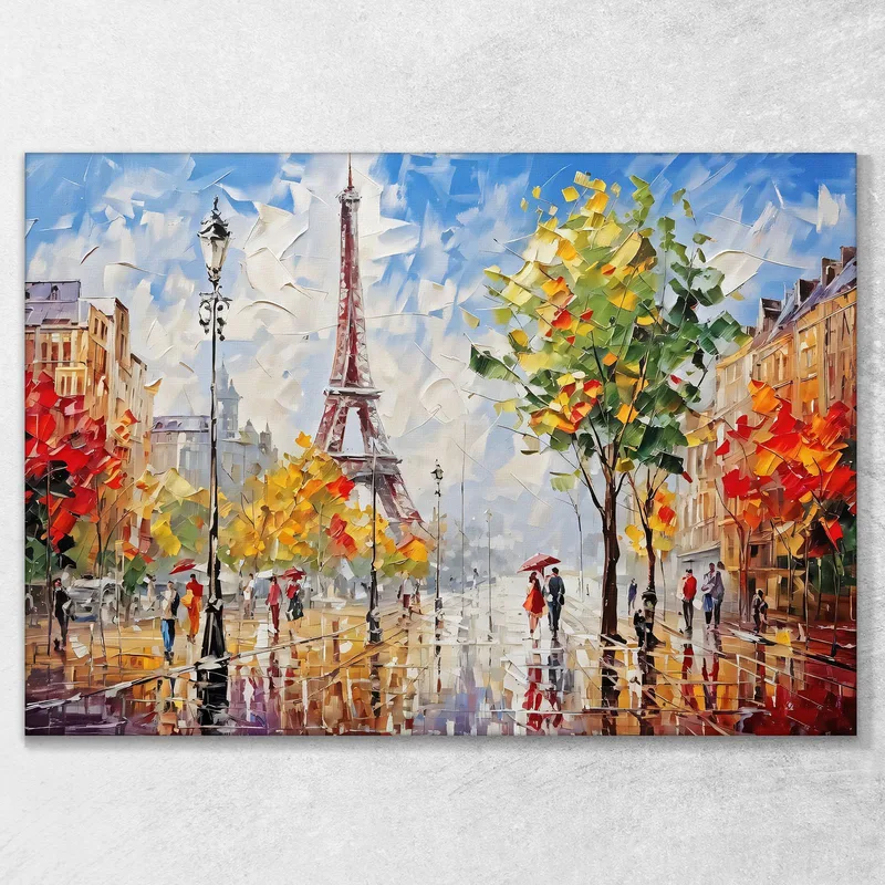 Pintura Moderna Ciudad Abstracta Paseo Otoñal En París Con Vista A La Torre Eiffel
