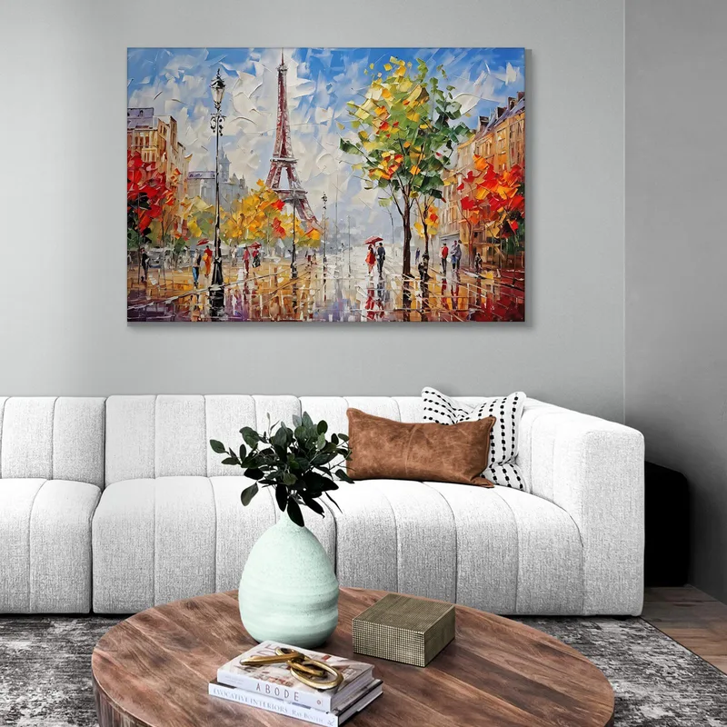 Pintura Moderna Ciudad Abstracta Paseo Otoñal En París Con Vista A La Torre Eiffel