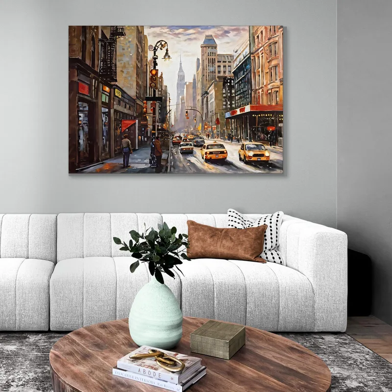 Quadro Moderno Città Astratto Strade Di New York Con Taxi Gialli E Skyline Urbano