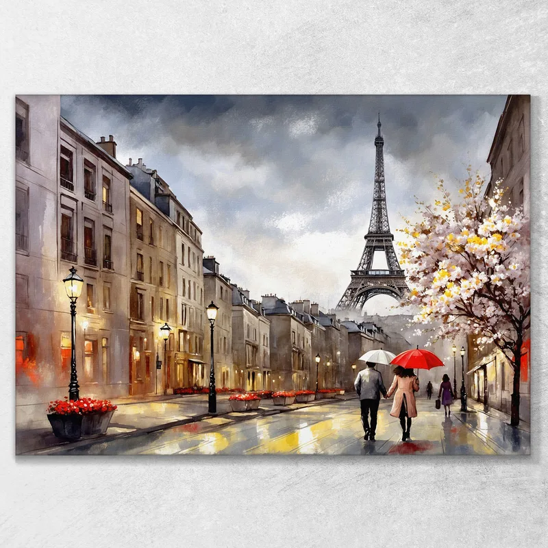 Moderne Malerei Abstrakte Stadtstraßen Von Paris Mit Regenschirmen Und Eiffelturm An Einem Regnerischen Tag