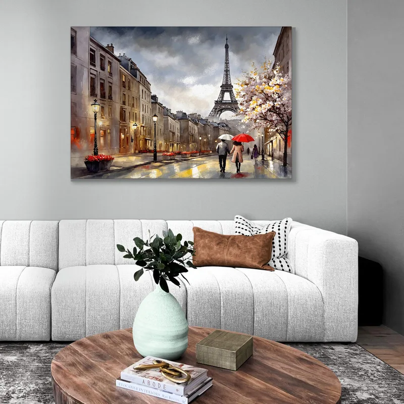 Moderne Malerei Abstrakte Stadtstraßen Von Paris Mit Regenschirmen Und Eiffelturm An Einem Regnerischen Tag