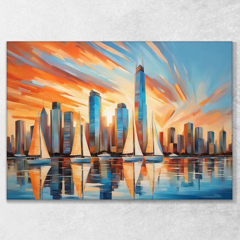 Peinture Moderne Ville Abstraite Coucher De Soleil Sur Les Gratte-Ciel De La Ville Moderne Et Les Voiliers