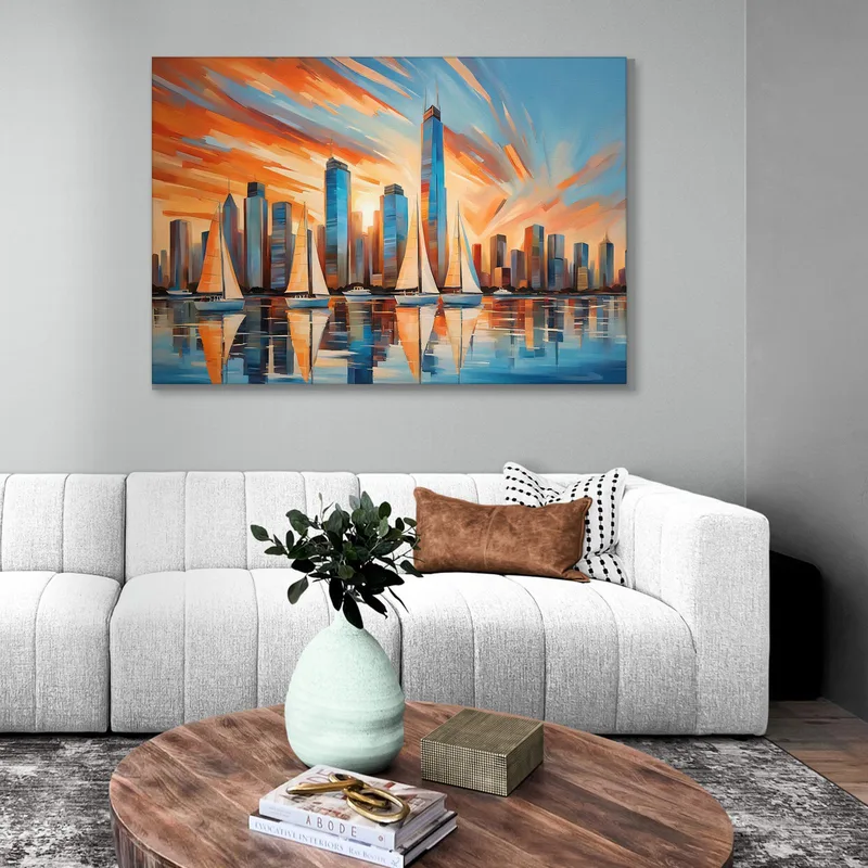 Peinture Moderne Ville Abstraite Coucher De Soleil Sur Les Gratte-Ciel De La Ville Moderne Et Les Voiliers