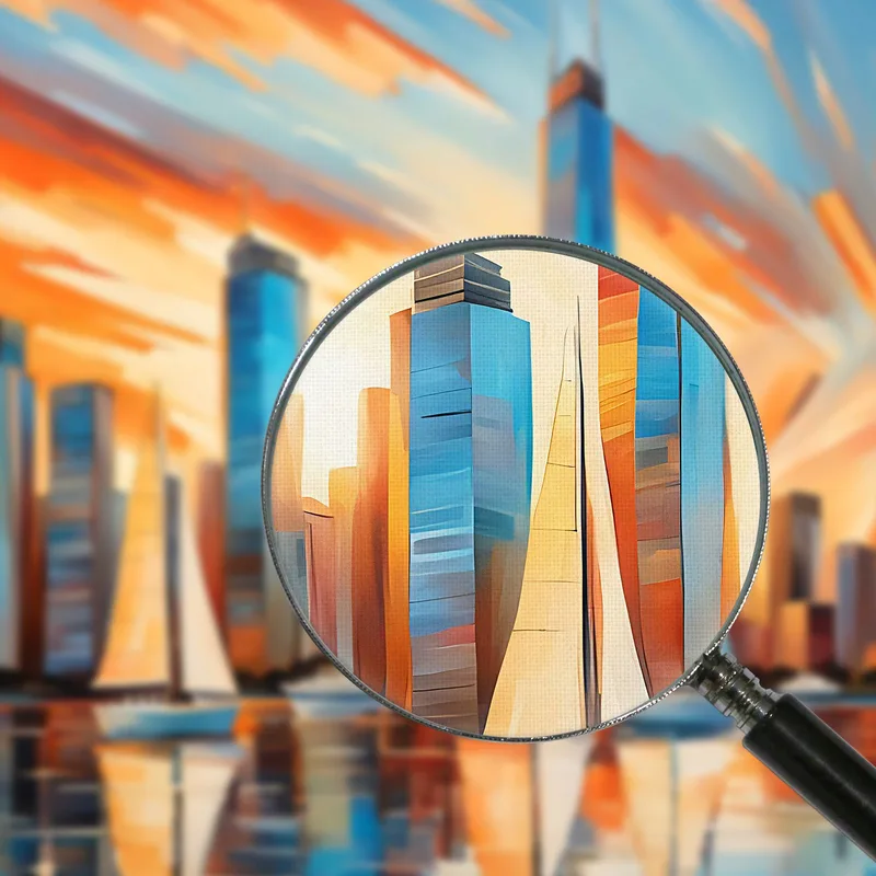 Peinture Moderne Ville Abstraite Coucher De Soleil Sur Les Gratte-Ciel De La Ville Moderne Et Les Voiliers