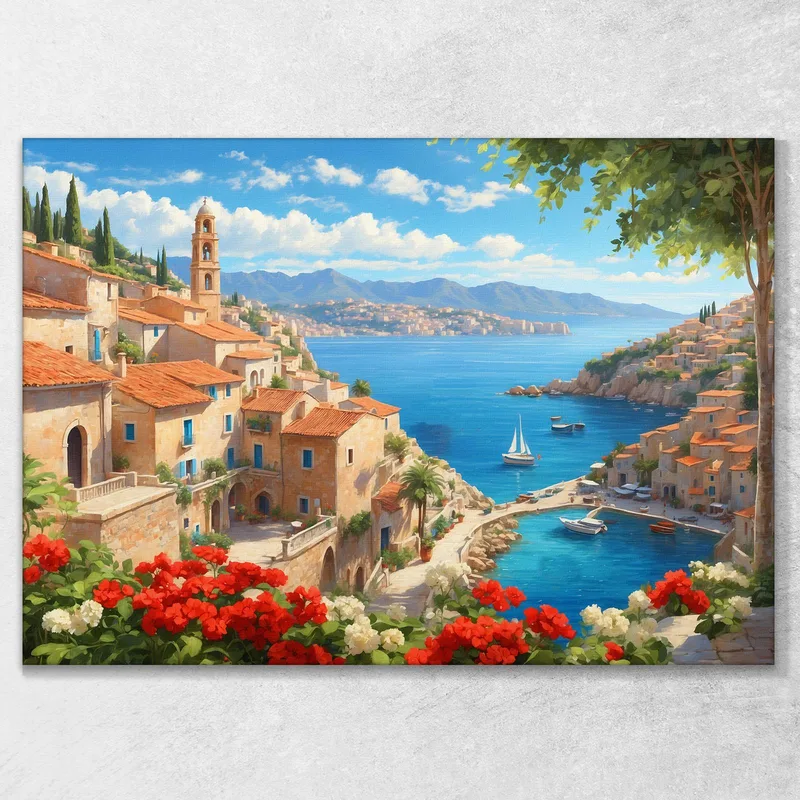 Modern Framework Abstract City View Of The Mediterranean Coast With Sails And Colorful Flowers