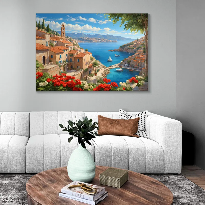 Modern Framework Abstract City View Of The Mediterranean Coast With Sails And Colorful Flowers