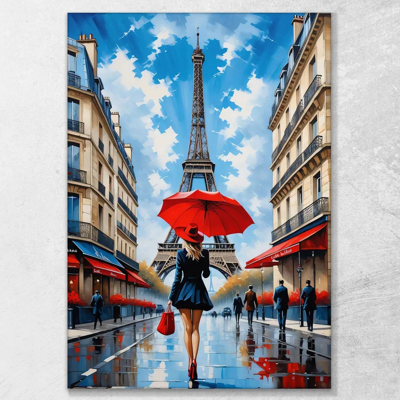 Quadro Moderno Città Astratto Donna Chic Con Ombrello Rosso Tra Le Vie Di Parigi E Vista Sulla Tour Eiffel