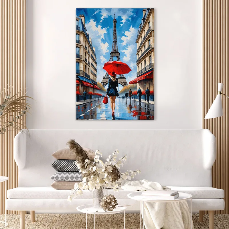 Quadro Moderno Città Astratto Donna Chic Con Ombrello Rosso Tra Le Vie Di Parigi E Vista Sulla Tour Eiffel
