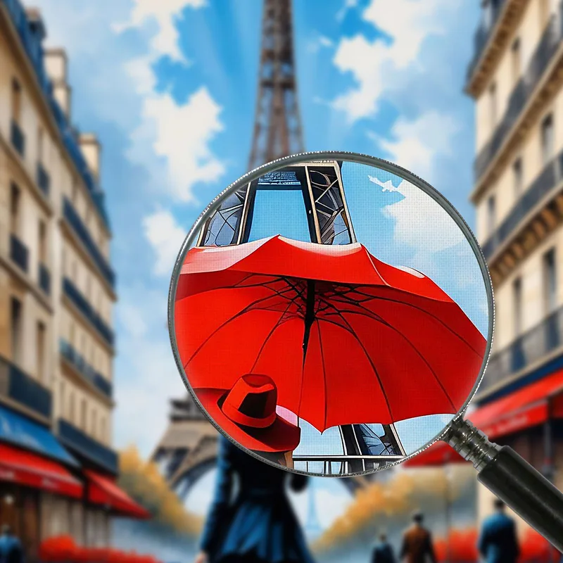 Quadro Moderno Città Astratto Donna Chic Con Ombrello Rosso Tra Le Vie Di Parigi E Vista Sulla Tour Eiffel