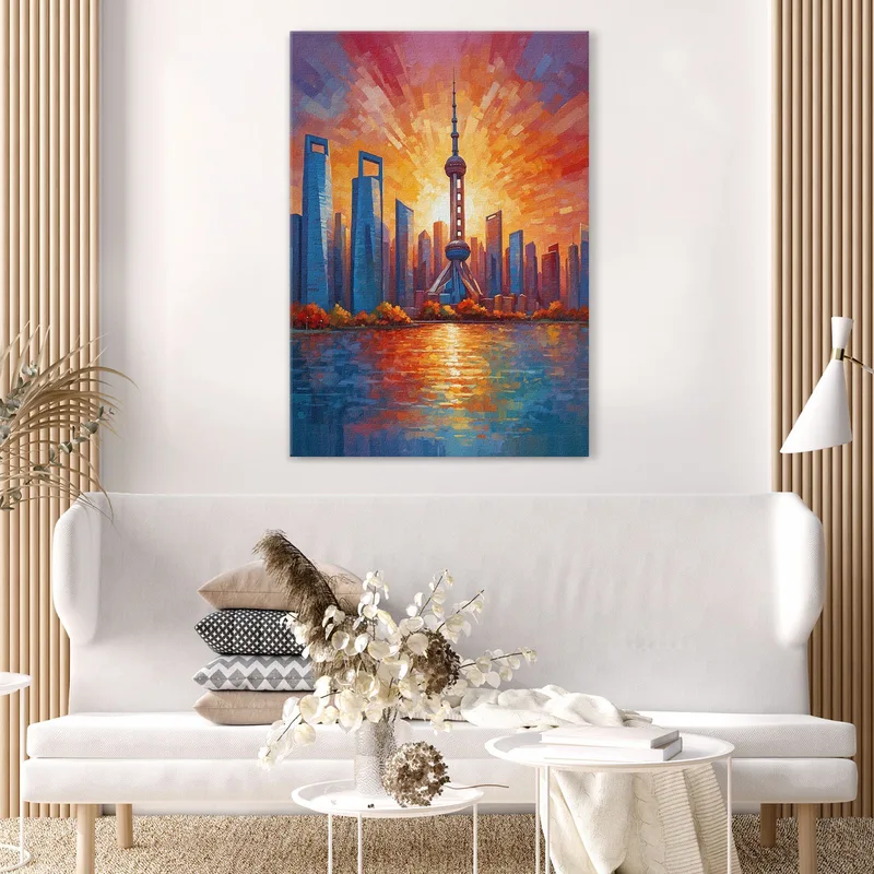 Quadro Moderno Città Astratto Splendida Vista Del Tramonto Su Shanghai