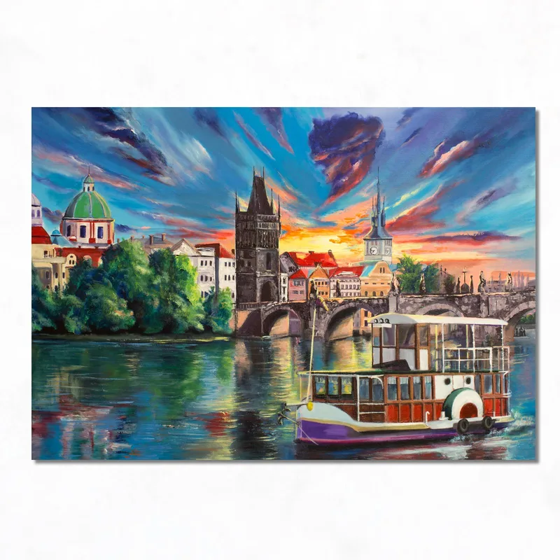 Prague Sunset River Scene canvas art print