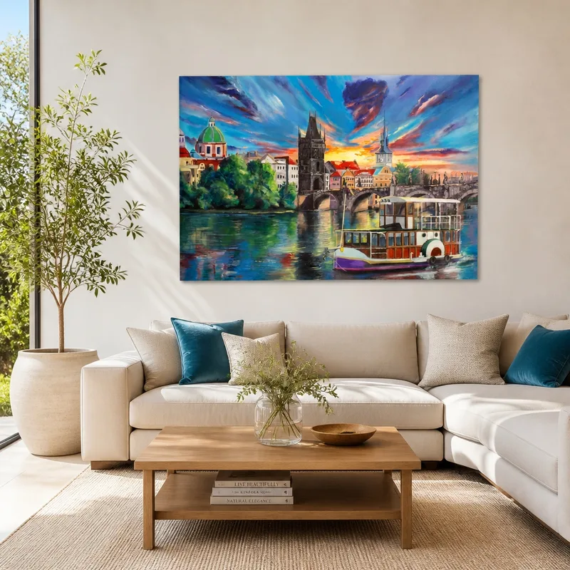 Prague Sunset River Scene canvas art print