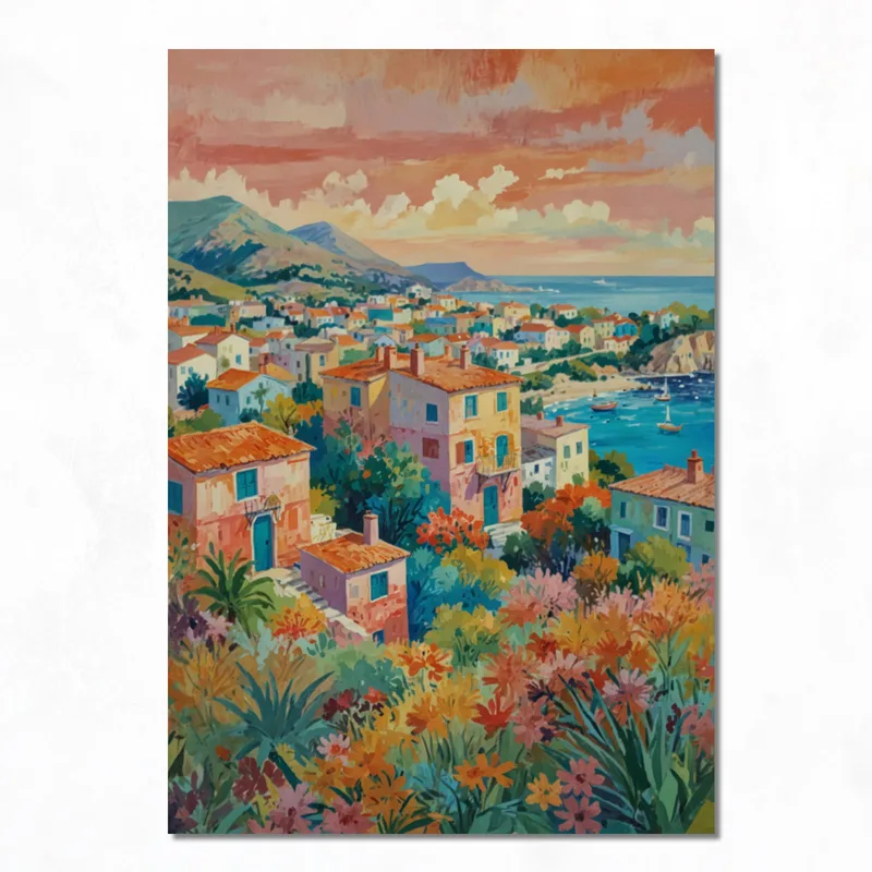Quadro moderno tramonto su villaggio costiero