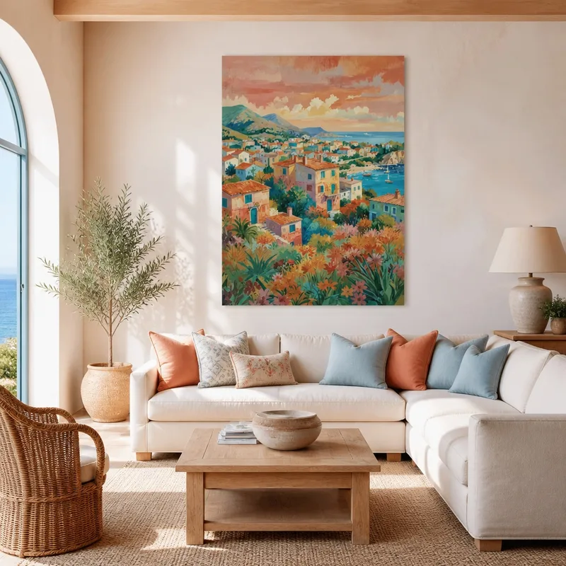 Quadro moderno tramonto su villaggio costiero