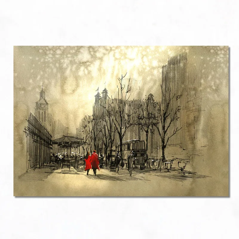 Quadro moderno passeggiata in città con ombrello rosso