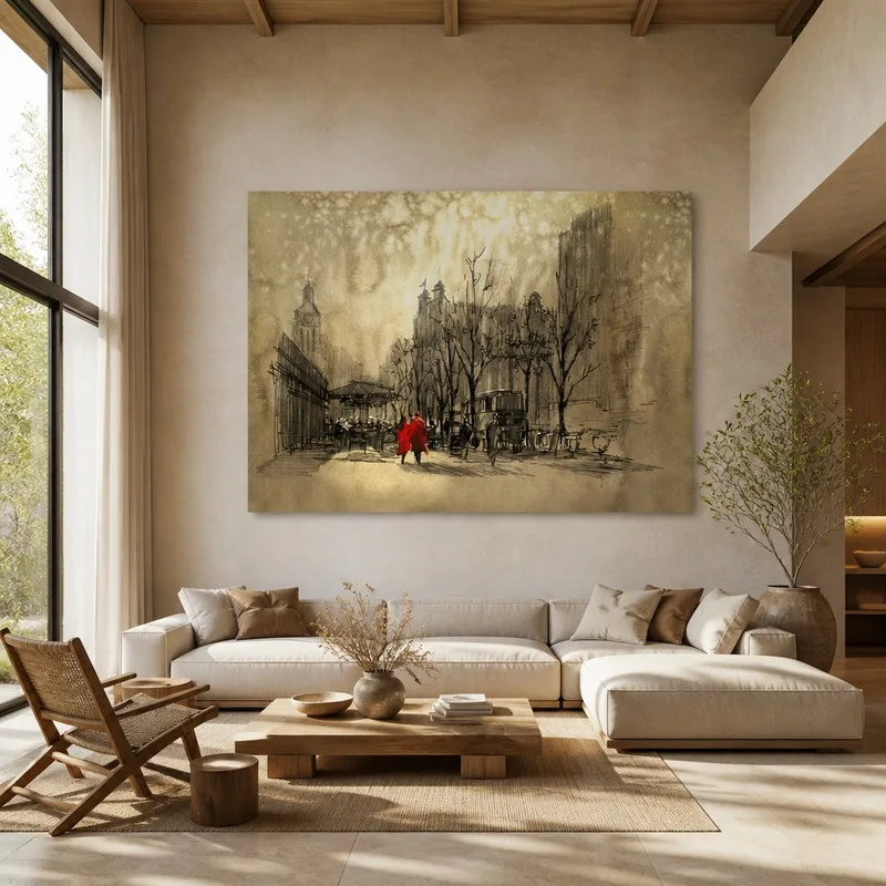 Quadro moderno passeggiata in città con ombrello rosso