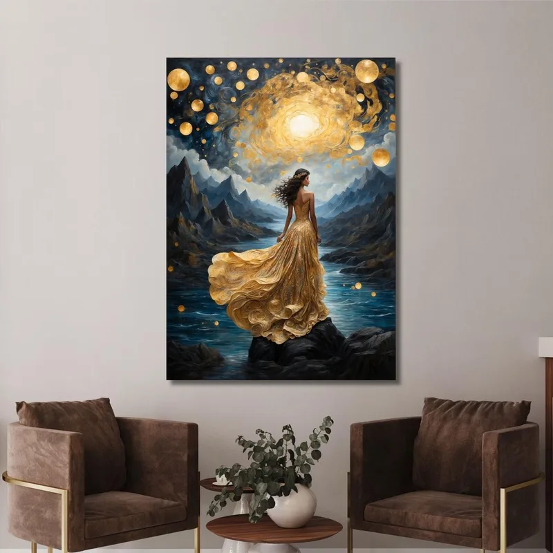 Painting Woman Golden Dress Starry Landscape Fairy Tale Fashion