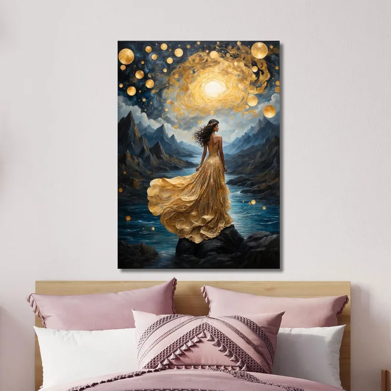 Painting Woman Golden Dress Starry Landscape Fairy Tale Fashion
