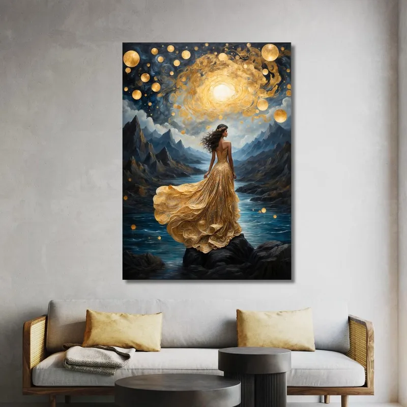 Painting Woman Golden Dress Starry Landscape Fairy Tale Fashion