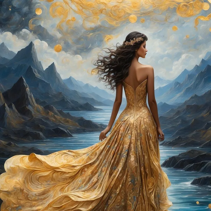 Painting Woman Golden Dress Starry Landscape Fairy Tale Fashion