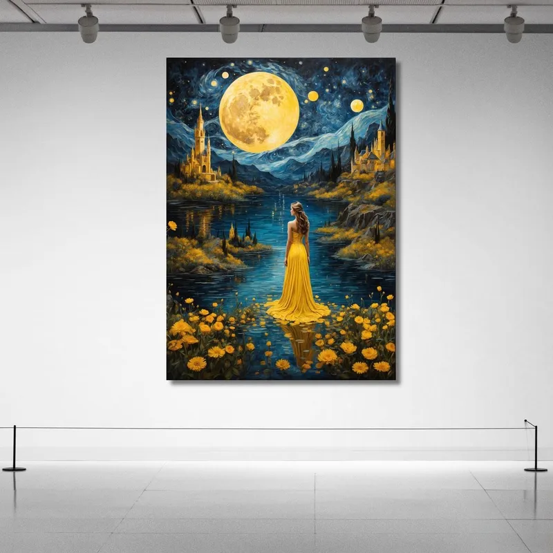 Painting Woman Yellow Dress Full Moon Enchanted Landscape Fashion