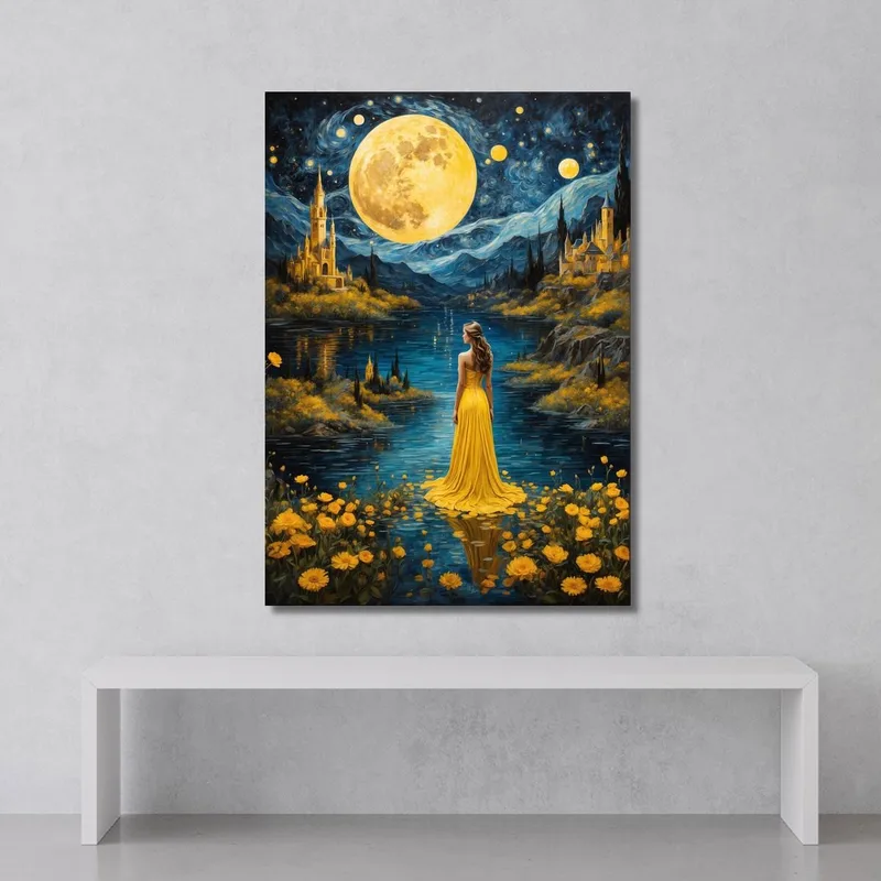 Painting Woman Yellow Dress Full Moon Enchanted Landscape Fashion