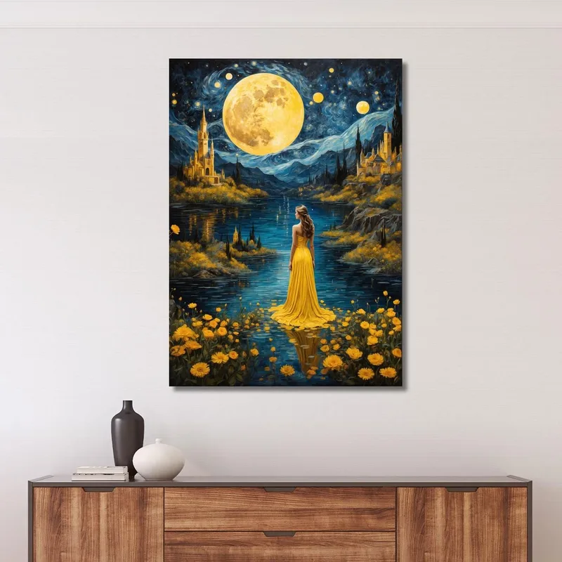 Painting Woman Yellow Dress Full Moon Enchanted Landscape Fashion