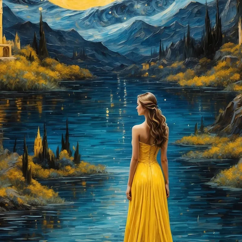 Painting Woman Yellow Dress Full Moon Enchanted Landscape Fashion