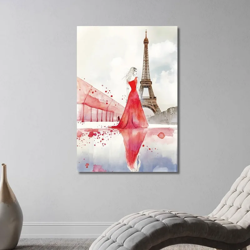 Painting Woman Red Dress Paris Reflection Eiffel Tower Minimalist Illustration Fashion