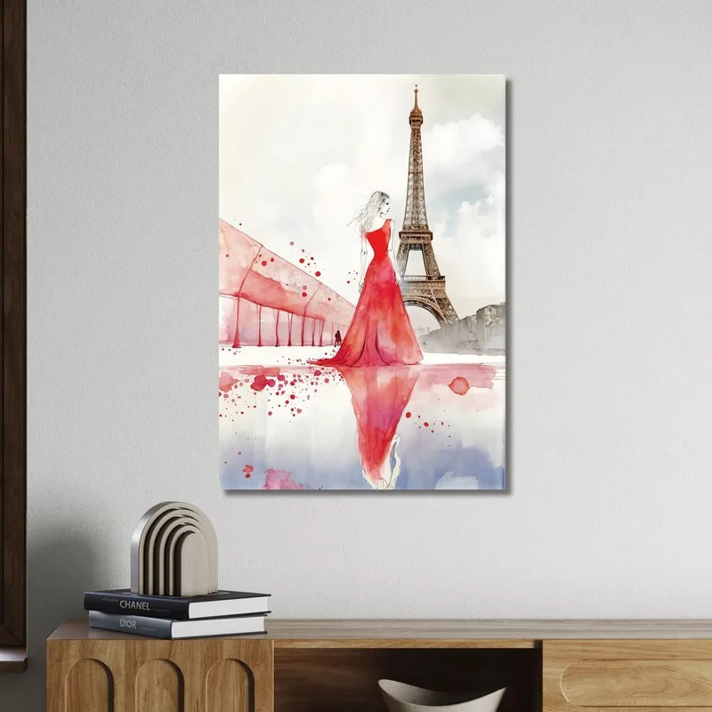 Painting Woman Red Dress Paris Reflection Eiffel Tower Minimalist Illustration Fashion