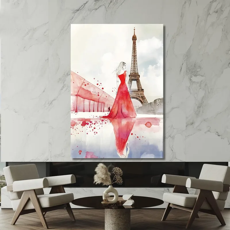 Painting Woman Red Dress Paris Reflection Eiffel Tower Minimalist Illustration Fashion