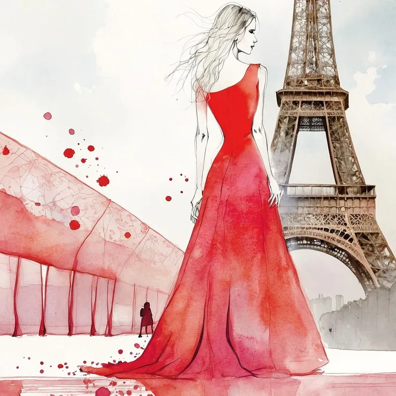 Painting Woman Red Dress Paris Reflection Eiffel Tower Minimalist Illustration Fashion