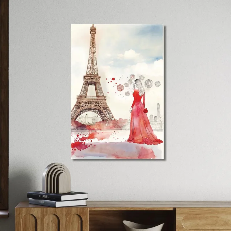 Pintura Mujer Vestido Rojo Torre Eiffel Acuarela Romántica Fashion