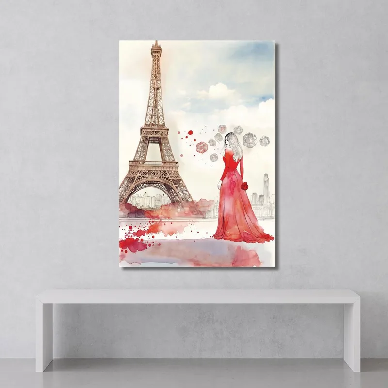 Pintura Mujer Vestido Rojo Torre Eiffel Acuarela Romántica Fashion