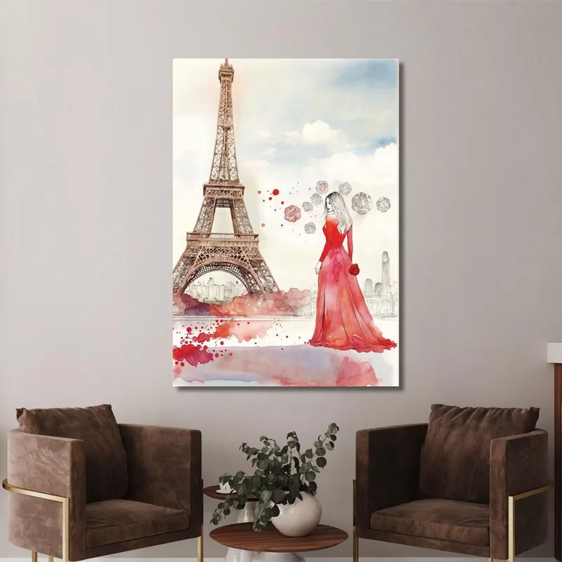 Pintura Mujer Vestido Rojo Torre Eiffel Acuarela Romántica Fashion