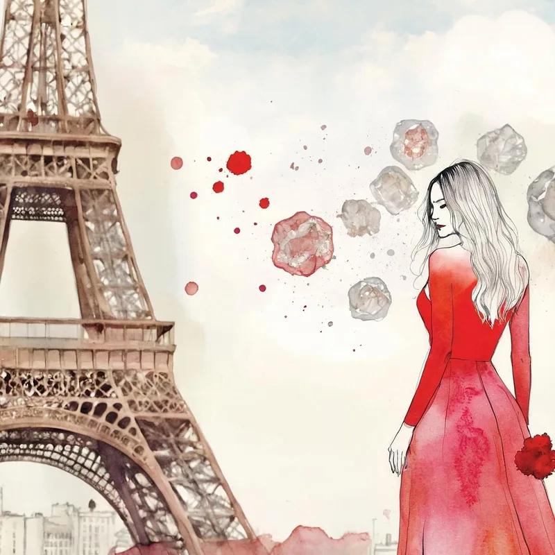 Pintura Mujer Vestido Rojo Torre Eiffel Acuarela Romántica Fashion