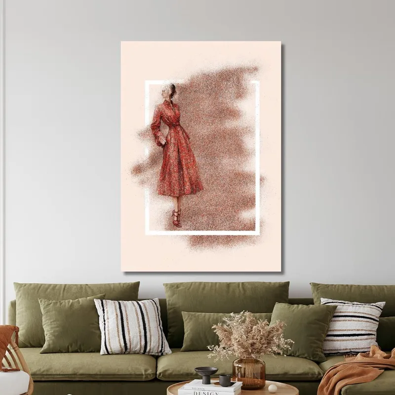 Painting Woman Vintage Red Dress With Abstract Floral Pattern Fashion