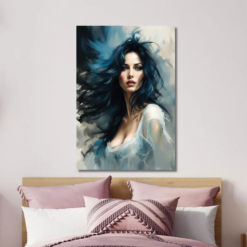 Painting Woman Blue Hair Wind Suggestive Portrait Fashion