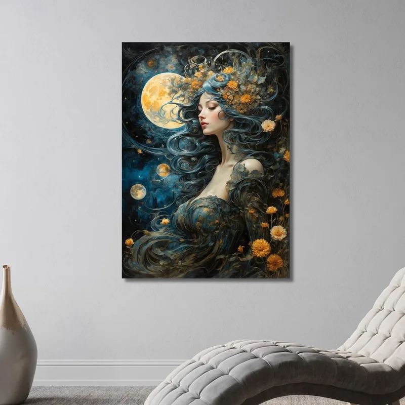 Malerei Frau Welliges Haar Blau Vollmond Gelbe Blumen Fantasie Fashion