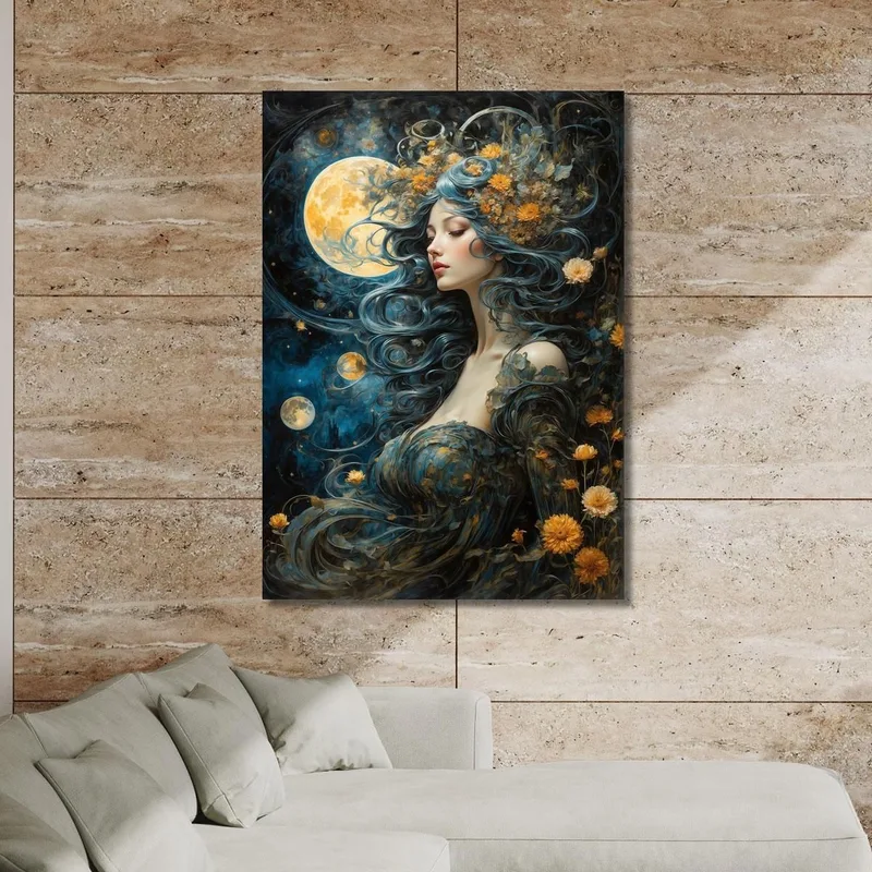 Malerei Frau Welliges Haar Blau Vollmond Gelbe Blumen Fantasie Fashion