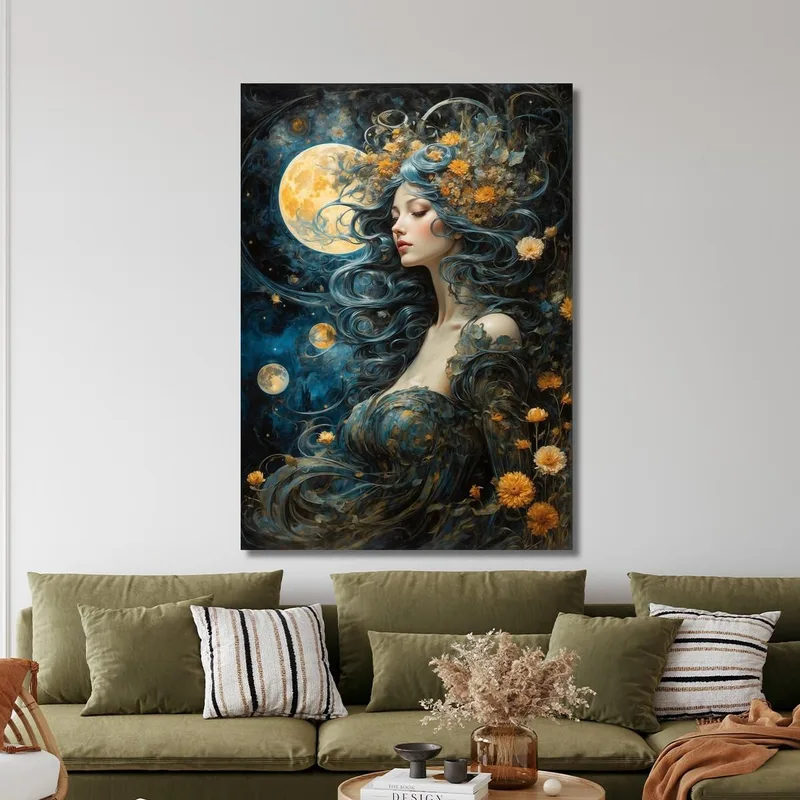 Malerei Frau Welliges Haar Blau Vollmond Gelbe Blumen Fantasie Fashion