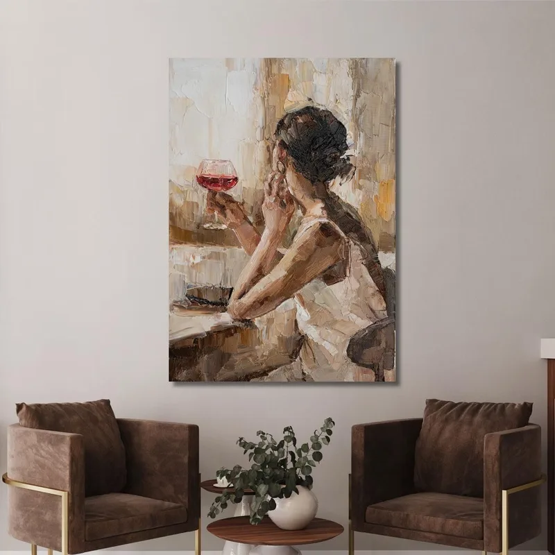 Quadro Donna Con Calice Di Vino Rosso Fashion