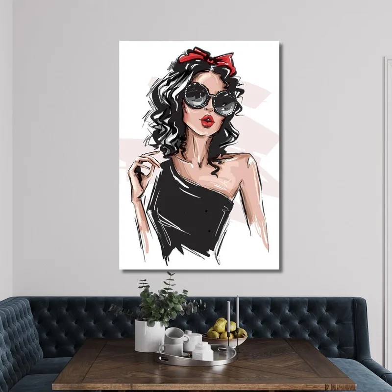 Quadro Donna Con Occhiali Vintage E Fiocco Rosso Fashion