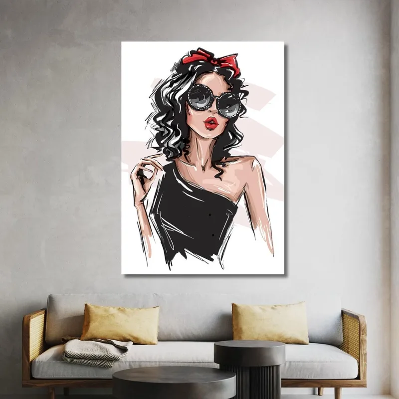 Quadro Donna Con Occhiali Vintage E Fiocco Rosso Fashion