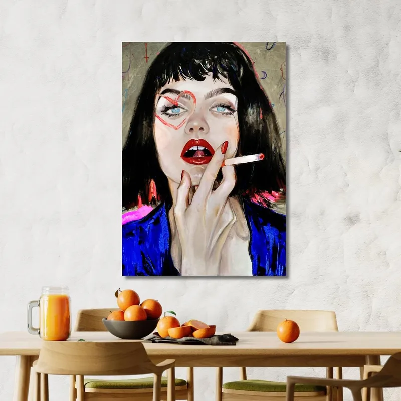 Quadro Donna Con Sigaretta Cuore Rosso E Labbra Lucide Fashion